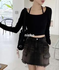 by muni:r ホルターネッククロップドロングTシャツ/ブラックのサムネイル