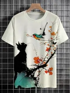 HOLRAN 猫と鳥アート Tシャツ Mサイズ