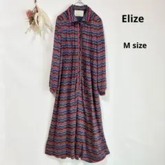 エリーゼ　Elize シャツワンピース　ロング丈　長袖　ジグザグ柄　タック　9号