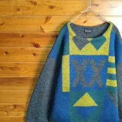 セーター　ニット　Ⅼ　マルチカラー　グレー　青　黄　緑　毛　アクリル　秋冬　古着