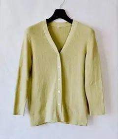 無印良品 綿シルク混 黄緑 Vネックリブ ニットカーディガン M