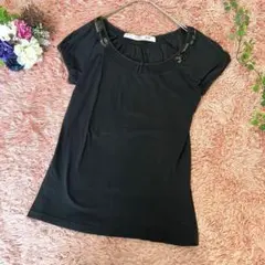 ZARA BASIC ビジュー付きカットソー　パフスリーブ　ブラック　Mサイズのサムネイル