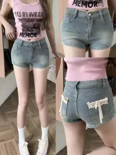 レース付きライトブルーデニムショートパンツ