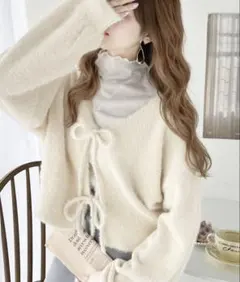 【mily bilet】女性らしさ滲み出るシャギーリボン前後2WAYカーディガン