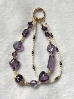 G093 ビーズストラップ　紫とパール