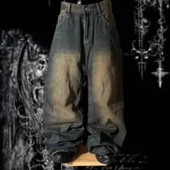 y2k ワイドレッグ 鬼太 バギーデニムパンツ 汚し加工 ヴィンテージ加工 裾広