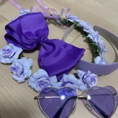 はなかんむり　カチューシャ　サングラス　リボン　4点セット　紫