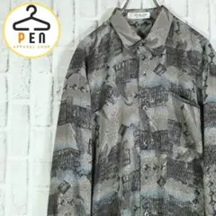 【レトロ古着】総柄シャツ 光沢感のあるポリシャツ シルバーグレー おしゃれ