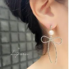 No.327 華奢シルバーワイヤーリボン 1粒パールピアス イヤリング