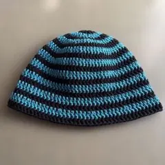 クラッシャーハット　バケットハット　クロシェハット　コットン　黒×青