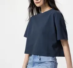 ユニクロ 半袖Tシャツ テクスチャージャージーTネイビー無地のサムネイル