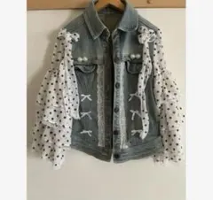ドット柄フリル袖デニムジャケット リメイク 古着 リメイク古着 ジャケット