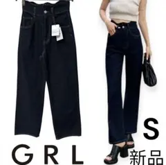 新品　GRL グレイル ウエストウェーブデザインデニムパンツ ハイウエスト　S