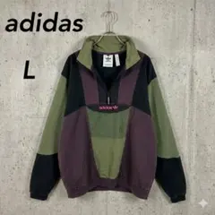 adidas ハーフジップ スウェット L カラーブロック オリーブ パープル