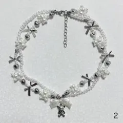 ビーズネックレス　リボン　ハート　白　フェアリーグランジ y2k ウィッシュコア