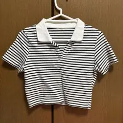 GU Tシャツ スキッパーポロ ボーダー M ホワイト ジーユー ショート丈