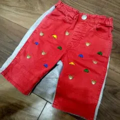 ミキハウス パンツ ズボン　90　ボトムス　プッチー　車　刺繍　異素材　赤