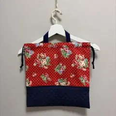 在庫１点のみ☆花柄赤　体操服入れ・シューズバッグなどに　巾着☆ハンドメイド