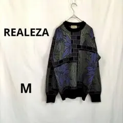 レアレサ ▶ 総柄ニット セーター M 紺 緑 紫 植物模様 日本製