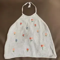 未使用タグ付きZARA 花柄刺繍 ホルターネック ニットトップス S