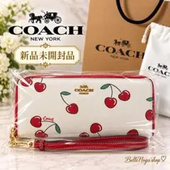 新品】COACH コーチ チェリー柄 ラウンドファスナー長財布 ホワイト系