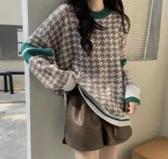 ハウンドトゥースパターン ニットセーター フリーサイズ