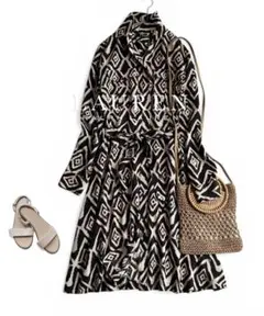 美品 ローレンラルフローレン 洗える ベルト付 総柄プリント Aラインワンピース