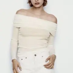 ZARA ギャザー ディテール コットントップス セミシアー オフショル　白