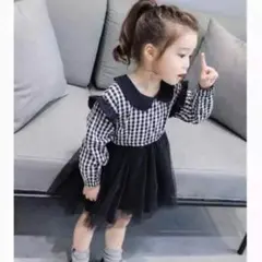 【新品】90cm チェック柄 切替ワンピース チュールスカート 韓国子供服