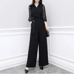 ジャンプスーツ オールインワン 黒 ブラック ワイドパンツ Vネック きれいめ