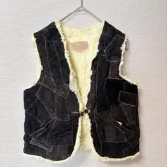 ベスト パッチワークデザイン 黒 ボア もこもこ ヴィンテージ✨