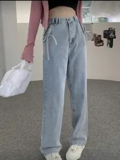 ライトブルー　ジーンズ　リボン　デニム