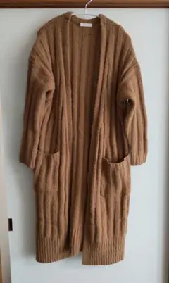 【LOWRYS FARM】キャメル　厚手リブ編み　ロングニットカーディガン