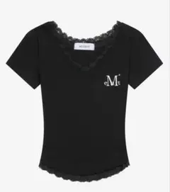 韓国 MUCENT Vネック クロップド 半袖 Tシャツ ブラック レース