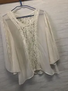 美品 袖プリーツ ブラウス チュニック シアー レース