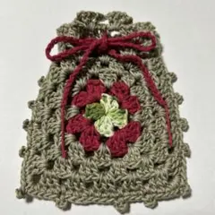 モチーフ編みの巾着ポーチ（かぎ針編み）ハンドメイドの小物入れ！コットン