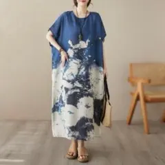 半袖 ワンピース ブルー 和柄 ゆったり オーバーサイズ