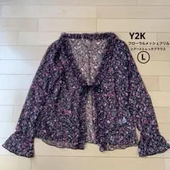 Y2K 姫ギャル フローラルメッシュフリル シアーストレッチブラウス　花柄　L