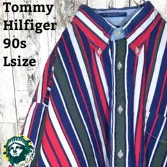 90s オールドトミーヒルフィガー☆刺繍ロゴ マルチカラーストライプBDシャツ