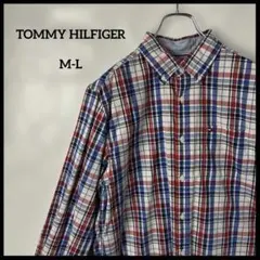 ボタンダウン　チェックシャツ　トミーヒルフィガー　刺繍ロゴ　ホワイトブルーレッド