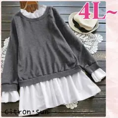 新品✿4L~”レイヤード風 裏起毛あったか チュニック 大きいサイズ 濃グレー