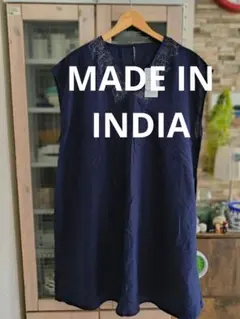 ノースリーブ花柄刺繍ワンピース　インド製　インド綿　インドコットン
