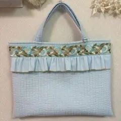 ★121 ヌビバッグ　インド刺繍リボン　水色　トートバッグ　ハンドメイド
