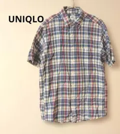 UNIQLO　ライトブルー系チェック柄 コットンリネン半袖シャツ Lサイズ