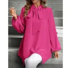 新品　ピンク リボン付き 長袖ブラウス　ボウタイ