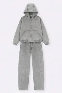 GUデニムフーディブルゾン3XLとバレルレッグジーンズデニムセットアップ