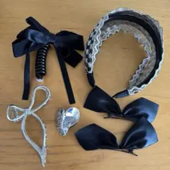 【6点セット】　ブラック　カチューシャ　ヘアピン　リボン　ハート　花　シルバー