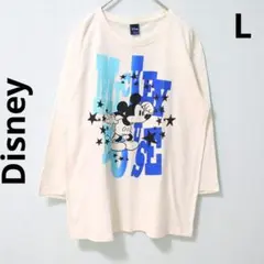 ディズニー ミッキー 七分袖Tシャツ ホワイト ブルー ビッグプリント コットン