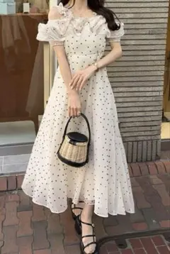 ドット柄フリルオフショルダーフレアロングワンピース[ru1165]
