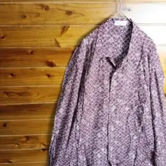 長袖シャツ　柄シャツ　幾何学模様　総柄　イタリア製　赤茶色　ゆったり　L　古着